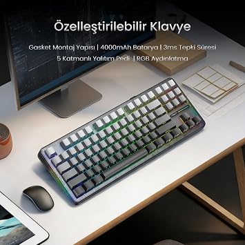 Aula F87 PRO Mekanik RGB TKL GrayWood V4 Switch Kablosuz Makrolu Hot Swap Klavye Gradyan Gri