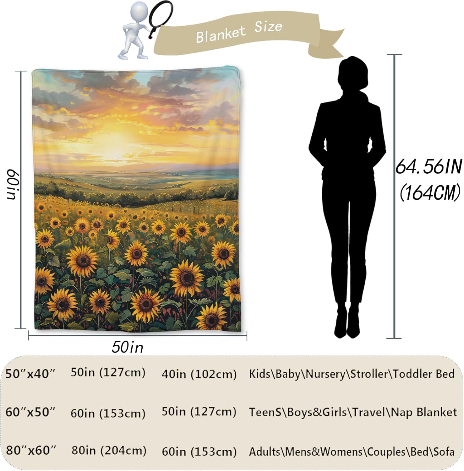 Sunset Sunflower Blanket - Soft, Cozy, Lightweight Flannel Throw Blanket, Perfect for Couch, Bed, Travel - Fuzzy, Fluffy Decorative Home Decor for Outdoor and Indoor Use 80"x60"