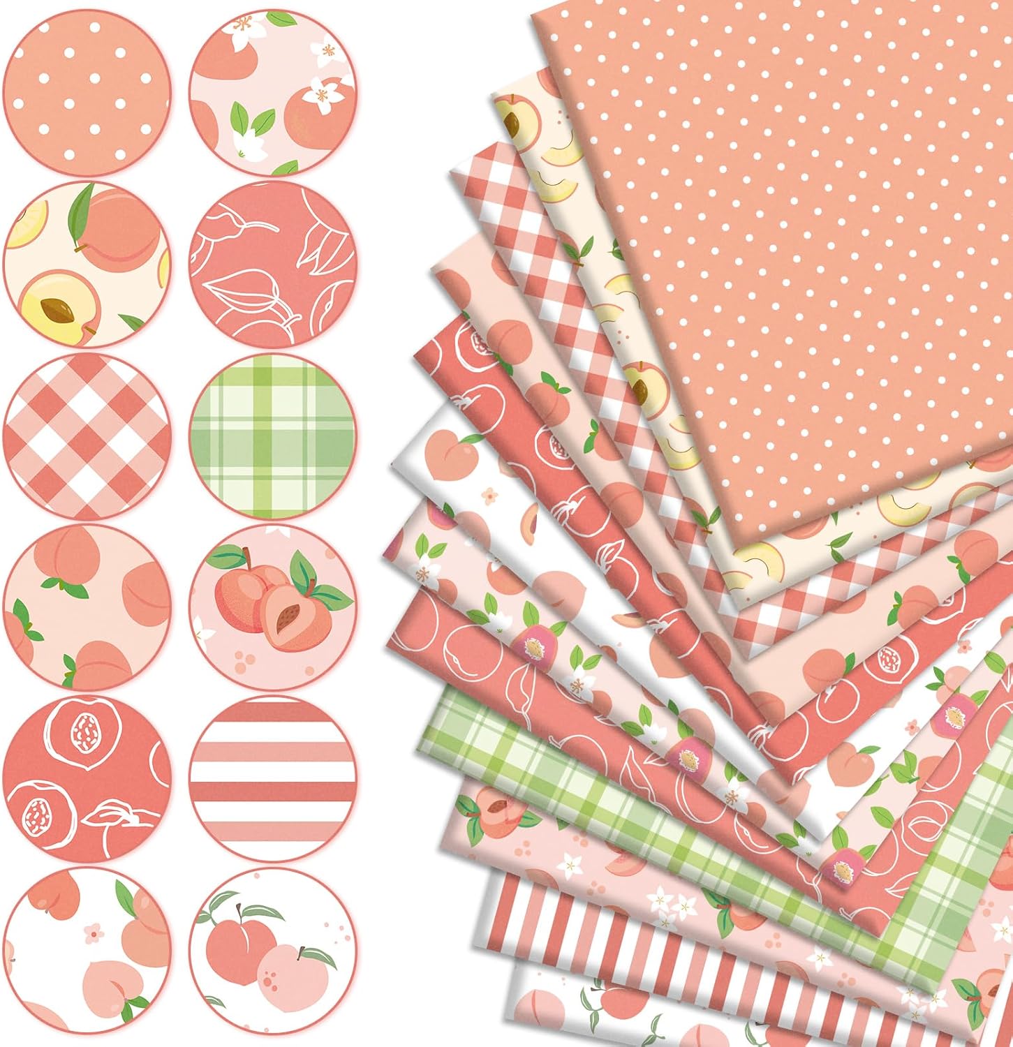Whaline 12Pcs Peach Cotton Fabric Bundles Pink Green Peach Flower Plaid Fat Quarters Summer Quilting Patchwork for DIY Sewing Craft Decor, 18 x 22 Inch