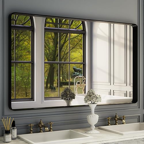 ISKM Espejo grande con marco negro para baño, 60 x 36 pulgadas, espejo montado en la pared, espejo de baño con marco de metal negro para pared,