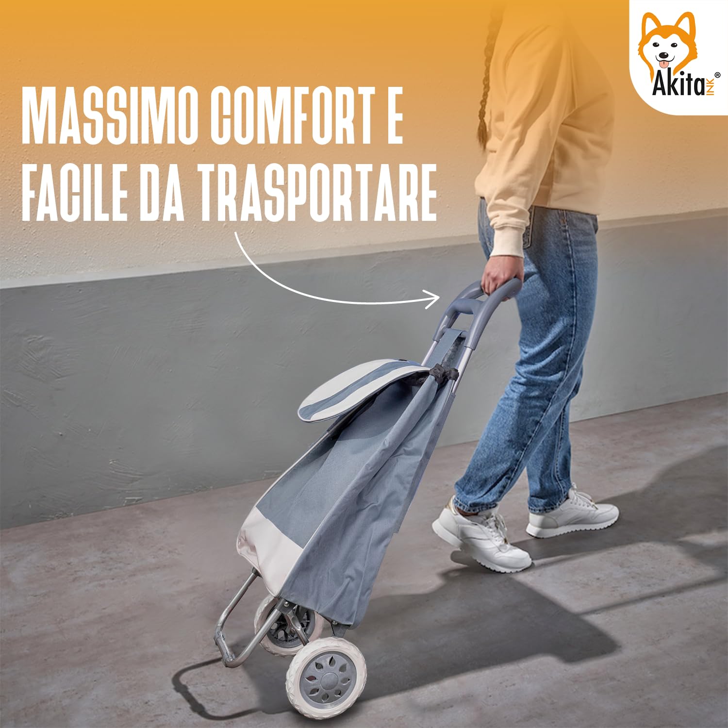 Akitaink Carrello Portaspesa leggero 42L, Design Italiano, 1.5 kg, Tasca con Zip, Antipioggia, Trolley porta spesa leggero impermeabile 95x35x28 cm