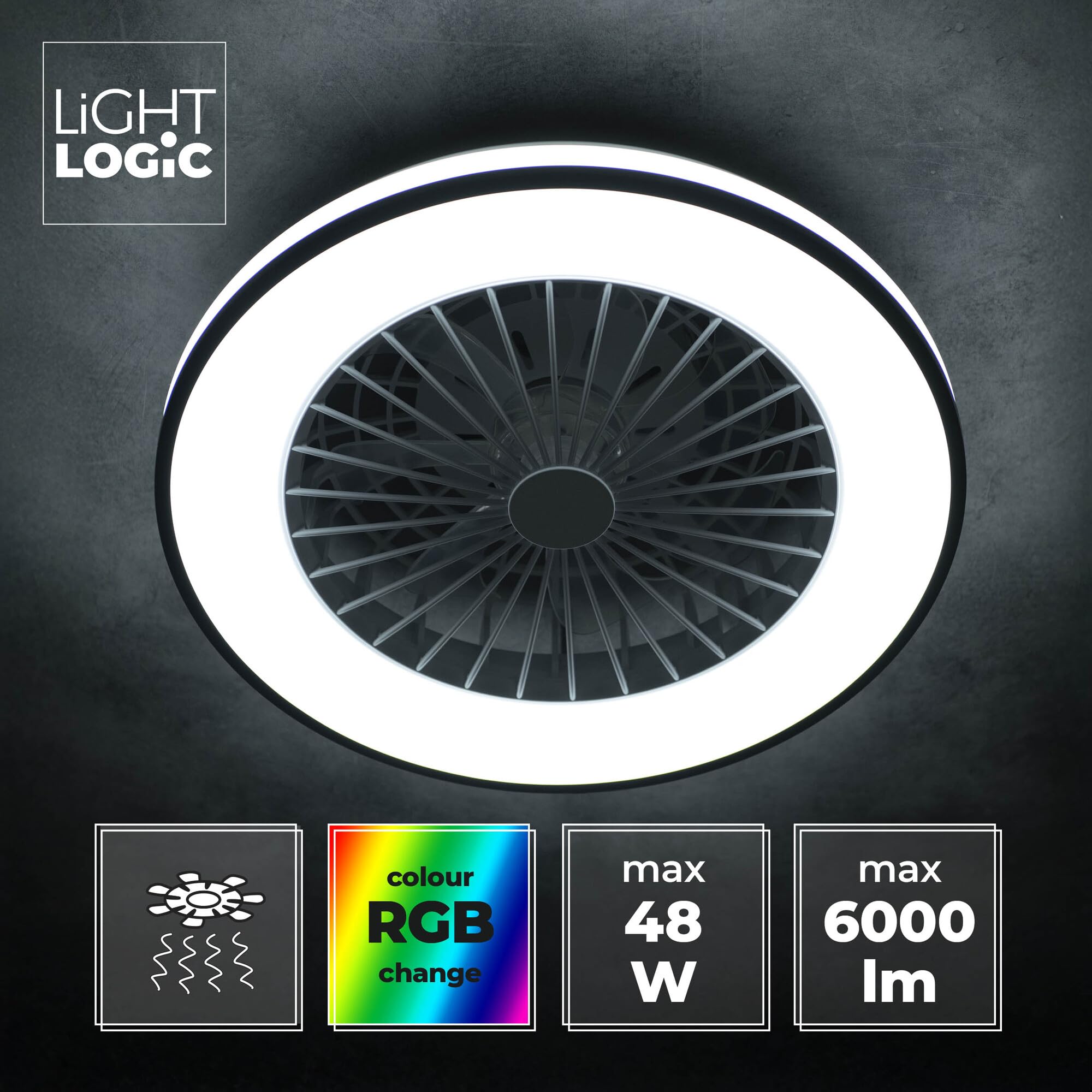 Led Lampe mit Ventilator Ø 48.5 cm, Deckenventilator RGB mit Fernbedienung, Nachtmodus & Timer – 48W, 3000–6500K, Schwarz/Weiß