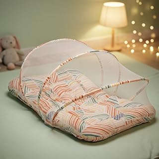 BAYBEE Baby Bedding Set for New Born,Bed Mattress with Mosquito Net & Cotton Pillow, Portable Sleeping Nest Travel Bed, Newborn Essentials Gift for Baby Boys & Girls (Orange)