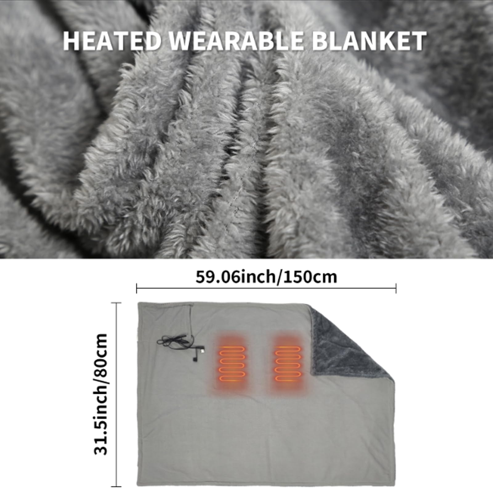 Coperta Termica Ricaricabile USB, Scialle Riscaldante Elettrico in Flanella Con Cerniera Livelli Di 3 Temperatura Morbida Termocoperta Lavabile per Casa, Ufficio, Auto, Campeggio (150x85cm)