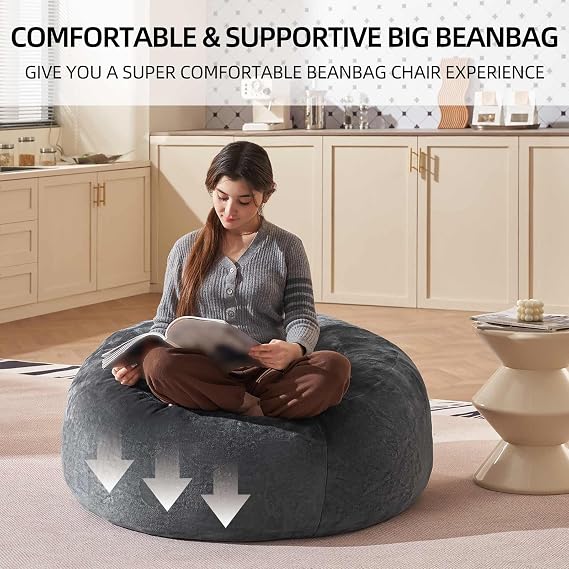 Bean Bag Chair 3Ft, Memory Foam Filled, Large Beanbag Chairs for Adults and Teens, Soft Sofa with Removable Flannel Cover, Round Couch for Living Room Bedroom College Dorm (Dark Gray, 3FT-363624)