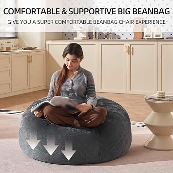 Bean Bag Chair 3Ft, Memory Foam Filled, Large Beanbag Chairs for Adults and Teens, Soft Sofa with Removable Flannel Cover, Round Couch for Living Room Bedroom College Dorm (Dark Gray, 3FT-363624)