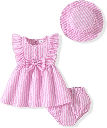 Vibebox Baby Girl Dresses Toddler Summer Princess Dress Clothes 0-18 Months | Ruffle Sleeveless Bows Dresses, Spring Summer Party Birthday Outfits, Infant Girls 3-Piece Sundress with Hat and Underwear