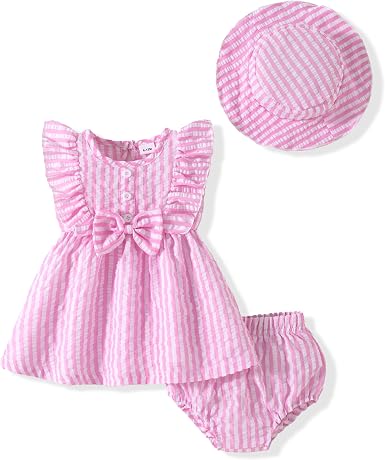 Vibebox Baby Girl Dresses Toddler Summer Princess Dress Clothes 0-18 Months | Ruffle Sleeveless Bows Dresses, Spring Summer Party Birthday Outfits, Infant Girls 3-Piece Sundress with Hat and Underwear