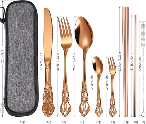 Miniatura 2 de AARAINBOW Juego de cubiertos de acero inoxidable de 7 piezas, portátil, reutilizable, juego de utensilios de viaje, incluye palillos, cuchillo,