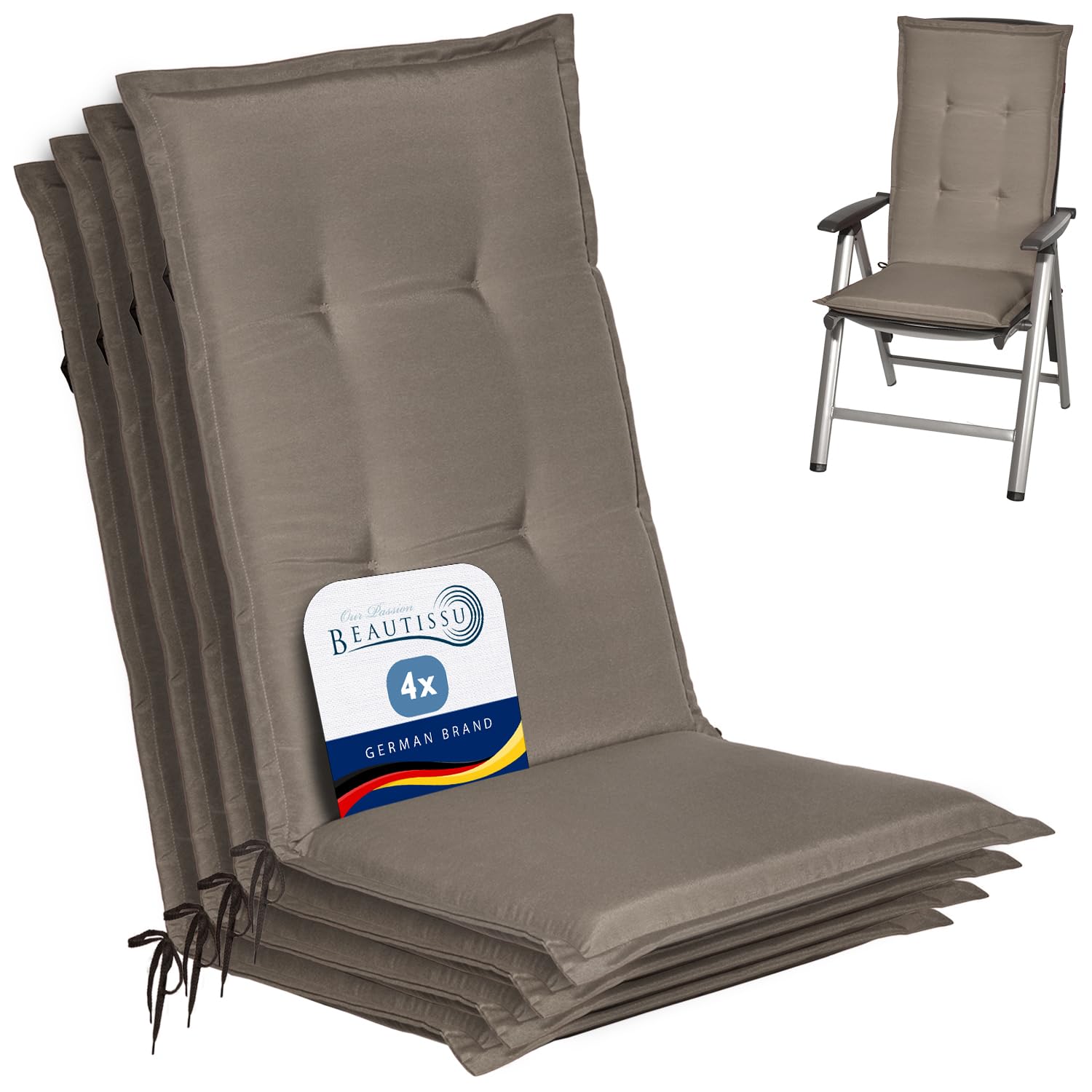 Beautissu Highback Outdoor Chair Cushions 120x50x6 cm Loft HL - Set of 4 Seat Cushions for Garden Chairs with Backs Recliner Patio Chair Sunbed Bench - Taupe
