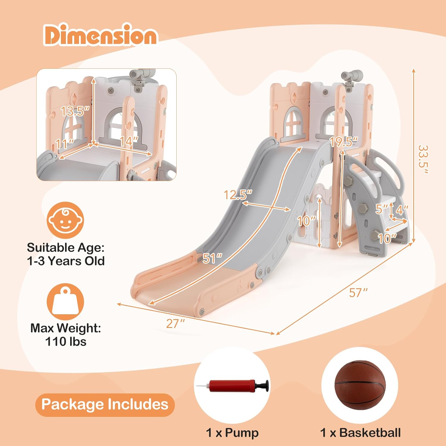 BABY JOY Toddler Slide, 6-in-1 Indoor Kids Slide Playset with Basketball Hoop, Telescope, Climbing Ladder & Storage Space, Freestanding Playhouse & Climber for Kids Aged 1-3 (Pink)