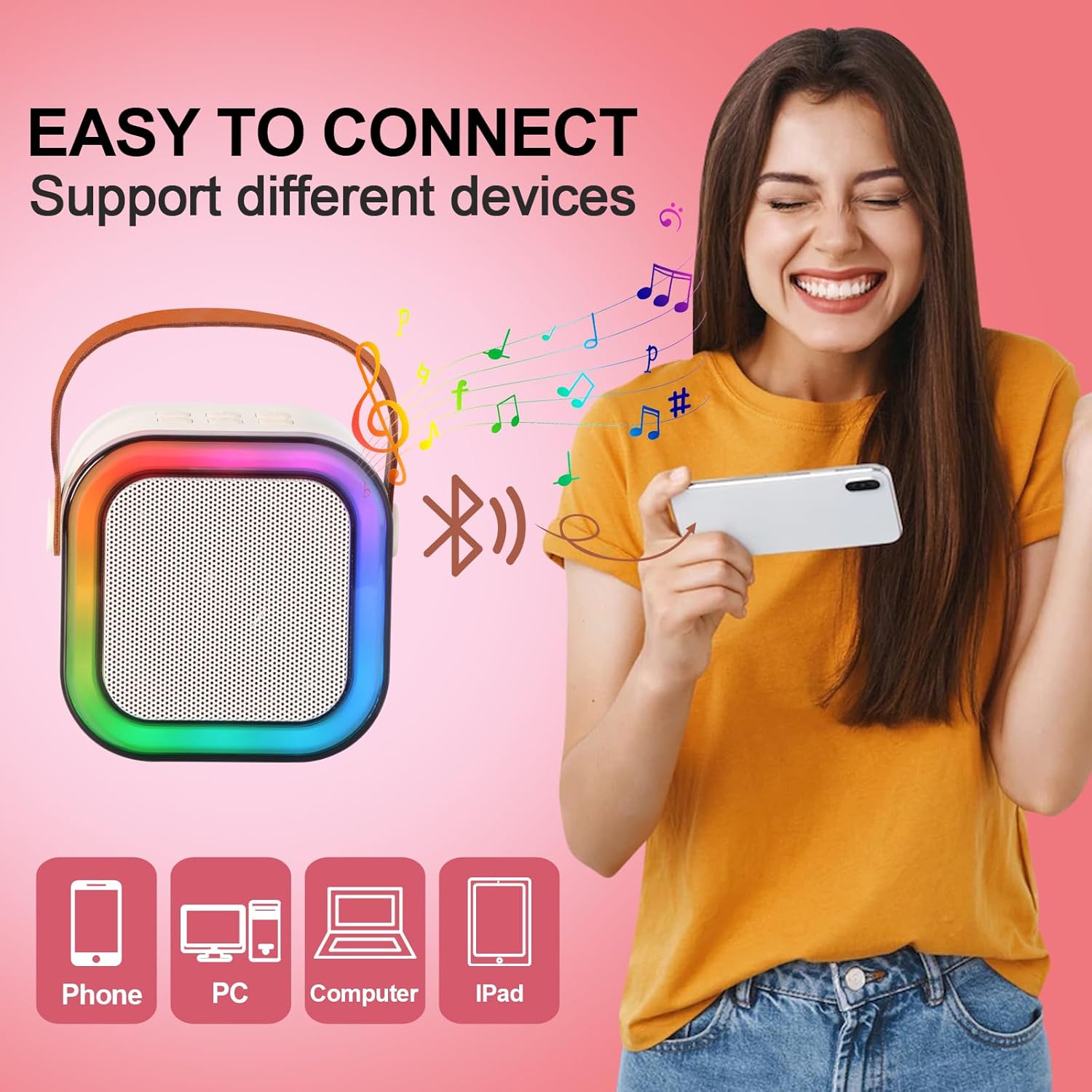 Karaoke Machine for Kids, Kids Karaoke Machine Gifts for Girls and Boys Family Party, Kids Karaoke Machine for Girls with 2 Wireless Microphones, Mini Portable Bluetooth Speaker (Ivory) - Image 6