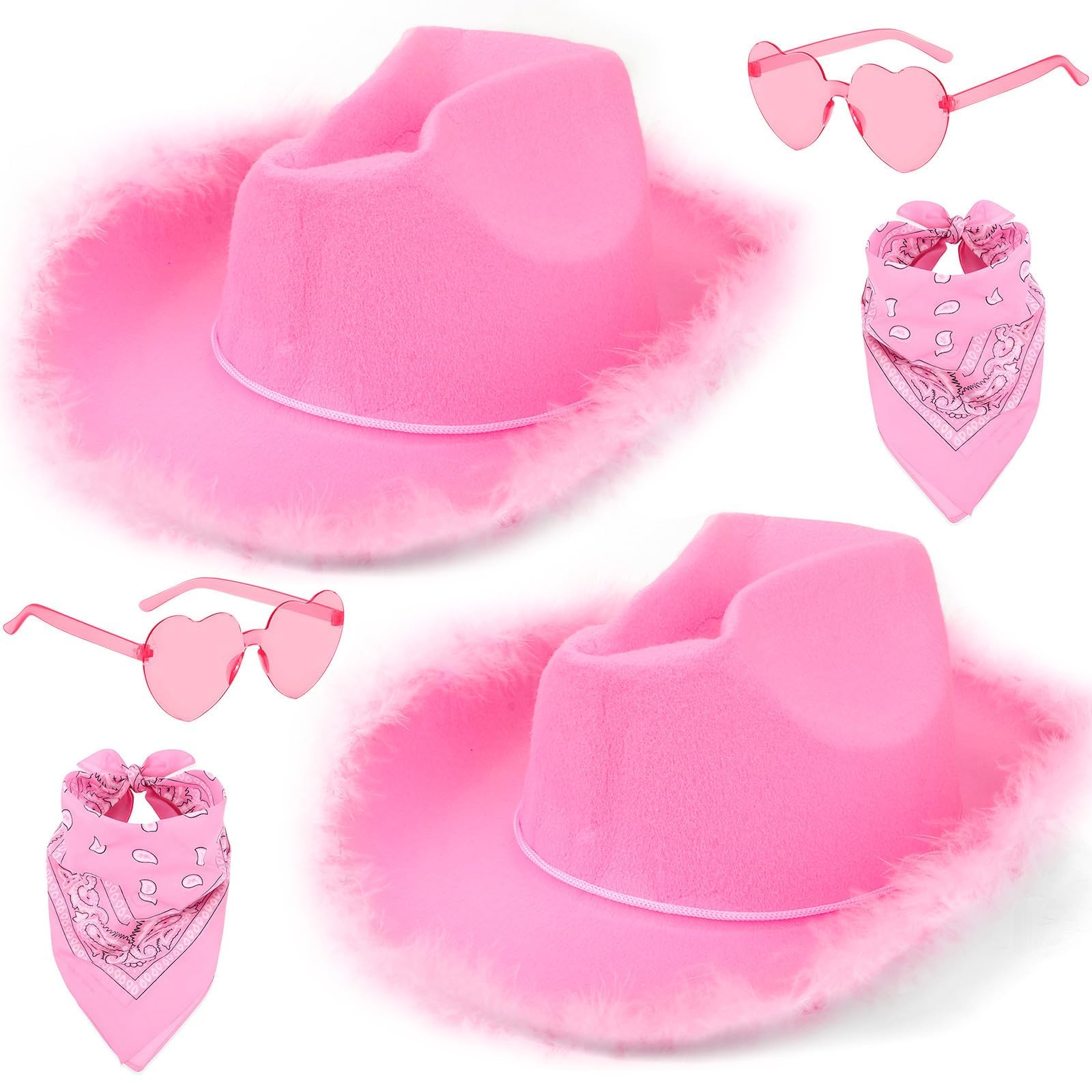 Vibbang Cowboy Hat for Women, Pink Cowboy Hat with Fluffy Feather Brim, Fancy Dress Hats, Disco Cowgirl Hat for Fancy Dress Holiday Party Halloween Carnival Costume Accessory
