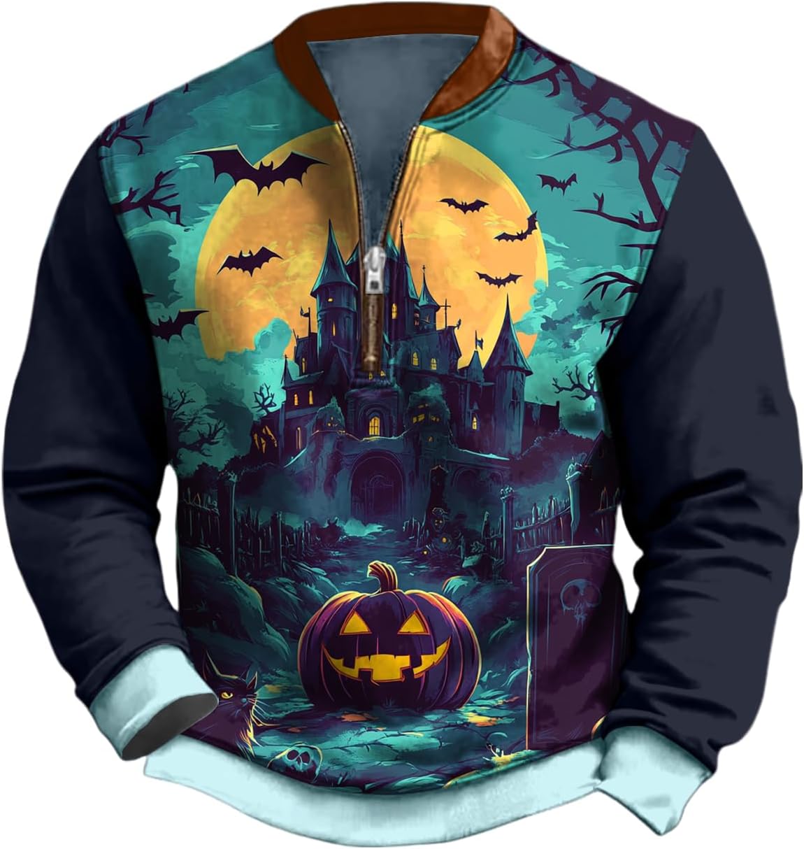 Halloween Hoodies Men Funny Print Half Zip Pullover Long Sleeve Crewneck Big And Tall Lightweight Sweatshirt