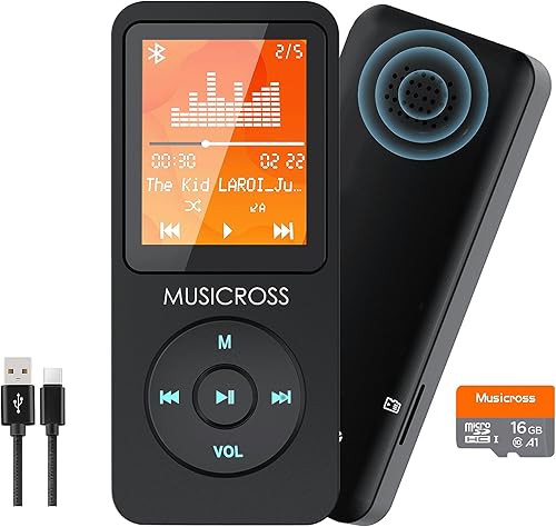 Reproductor de MP3 con Bluetooth 5.2, MUSICROSS 16 GB reproductor de MP3 de música para niños, altavoz HD integradofotoreproducción de videoradio