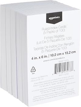 Amazon Basics Ruled Lined Index Cards for Notes, Studying, Flash Cards, White, 4 x 6, 500 Count (5 Packs of 100)