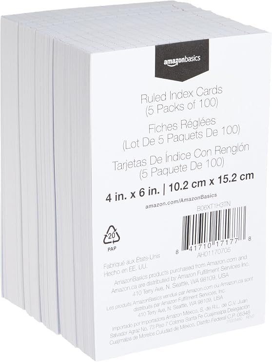Amazon Basics Ruled Lined Index Cards for Notes, Studying, Flash Cards, White, 4 x 6, 500 Count (5 Packs of 100)