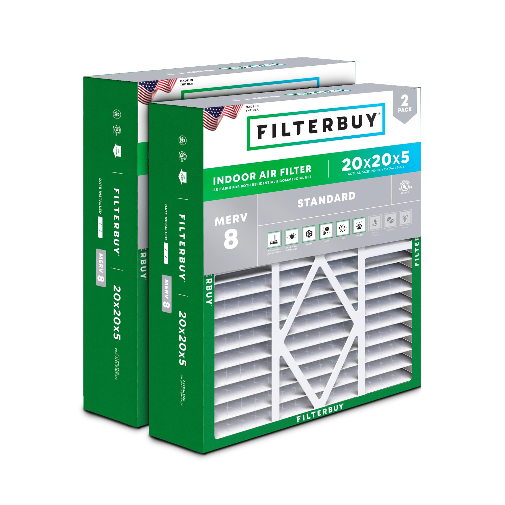 Filterbuy 20x20x5 Air Filter MERV 8 Dust Defense (2-Pack), Pleated HVAC AC Furnace Air Filters for Amana, Coleman, Goodman, Maytag, York, and More (Actual Size: 20.25 x 20.75 x 5.25 Inches)