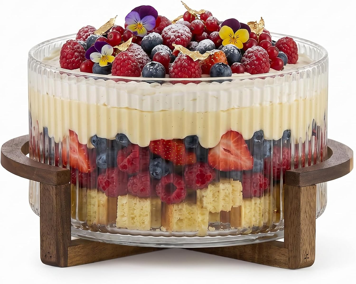 4.5 Qt Glass Trifle Bowl with Pedestal, Ribbed Salad Bowl and Fruit Bowl