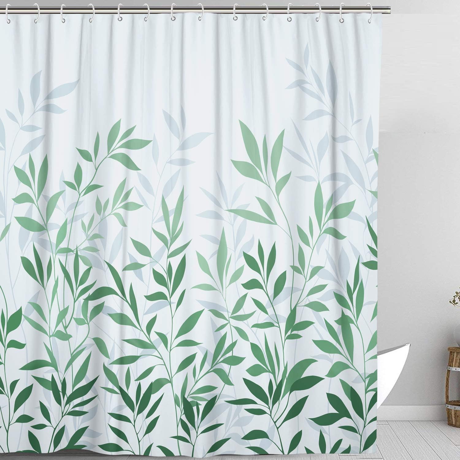 Haibimen Green and White Shower Curtain, Fabric Shower Curtains for Bathroom, Plant Leaves Shower Curtain Sets with 12 Hooks 72''×72‘’(Green)