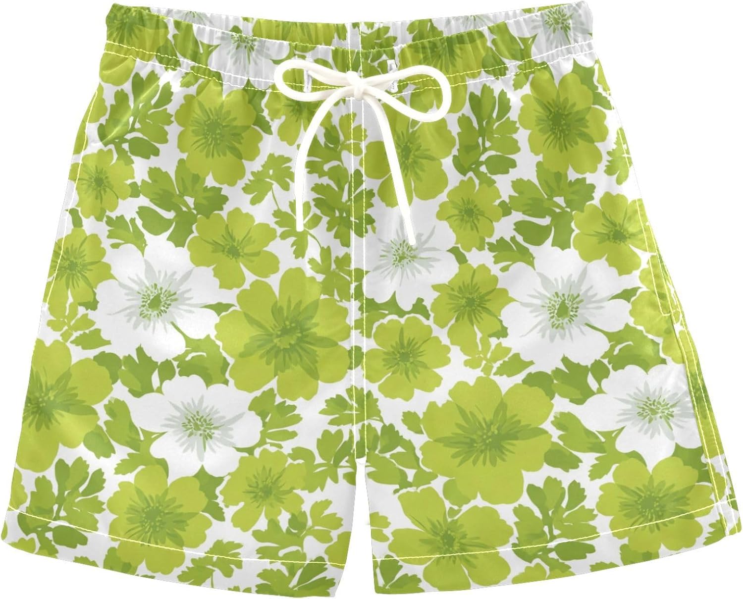 Boys Swim Trunks White Floral Green Quick Dry Bathing Suit Swimsuit Toddler Beach Board Shorts Mesh Swimwear 2-12Y