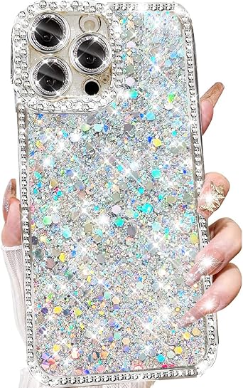 Changjia Glitter Bling Case for iPhone 16 Pro Max,Cute Luxury Sparkly Shiny Crystal Diamond Rhinestones Sequin with Camera Protector TPU Bumper Shockproof Women Girls Case for iPhone 16 Pro Max,Silver