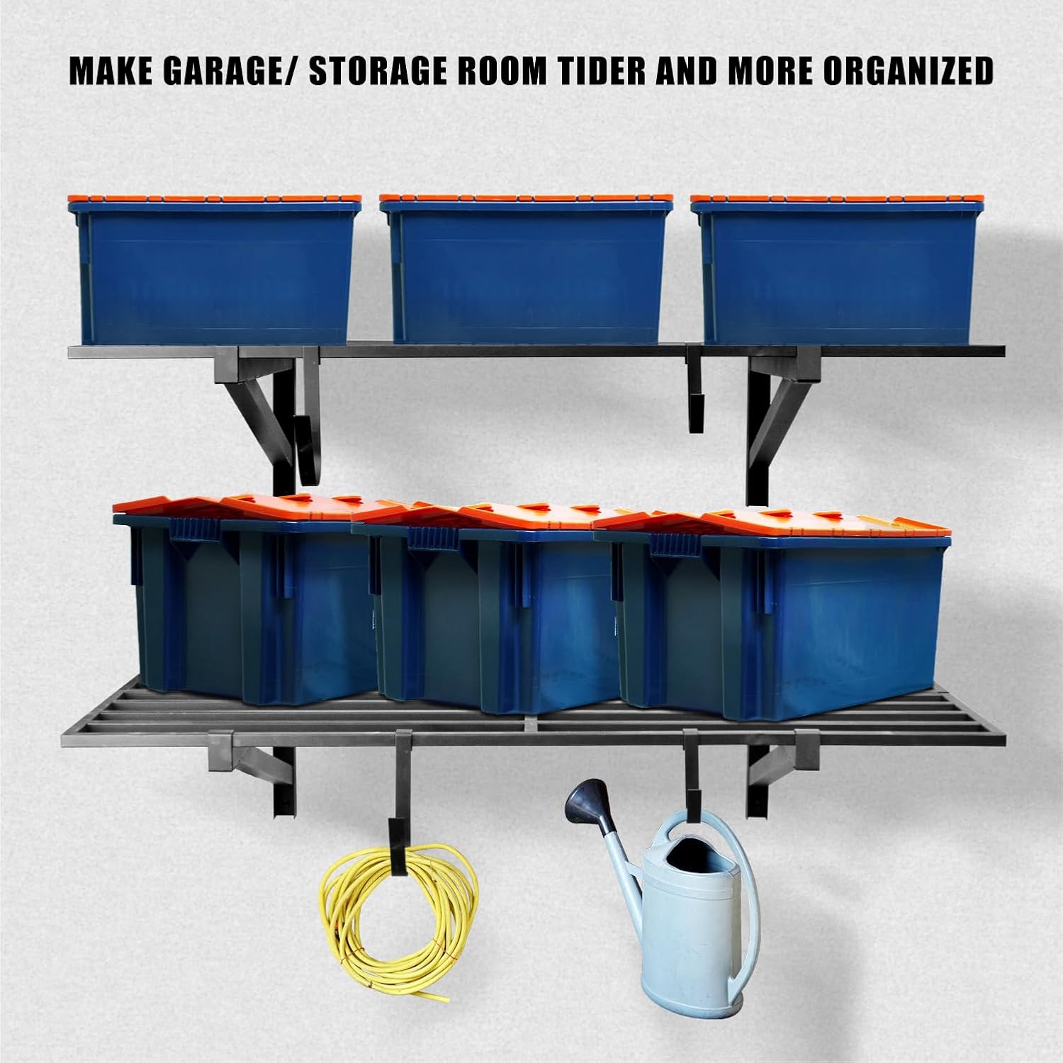 2 Pack Heavy Duty Garage Wall Shelving, 2' x 4' wall mount storage shelf, Holds 200 lbs Each, Garage Shelving Wall Mounted, Storage Rack with Hooks (Black)