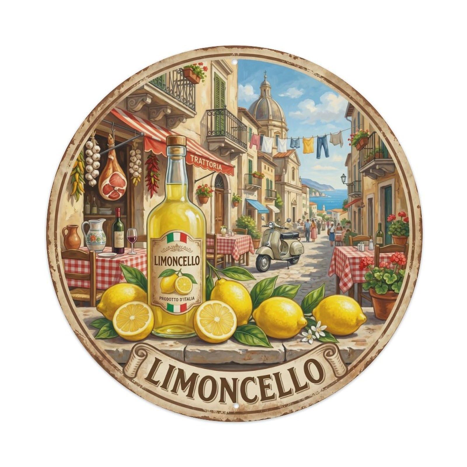Fqcyn Style Authentic Italian Limoncello Metal Tin Sign Plaque Wall Decor For Cafe, Club Bar, Office, Home Garden Round Metal Poster 8X8inch