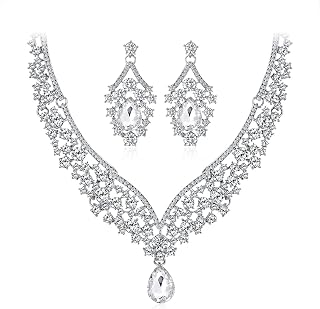 Hypoallergenic Bridal Jewelry Sets for Women,Silver Rhinestone Necklace and Earring Set for Women Filigree with Water Droplets Bridal Jewelry Set