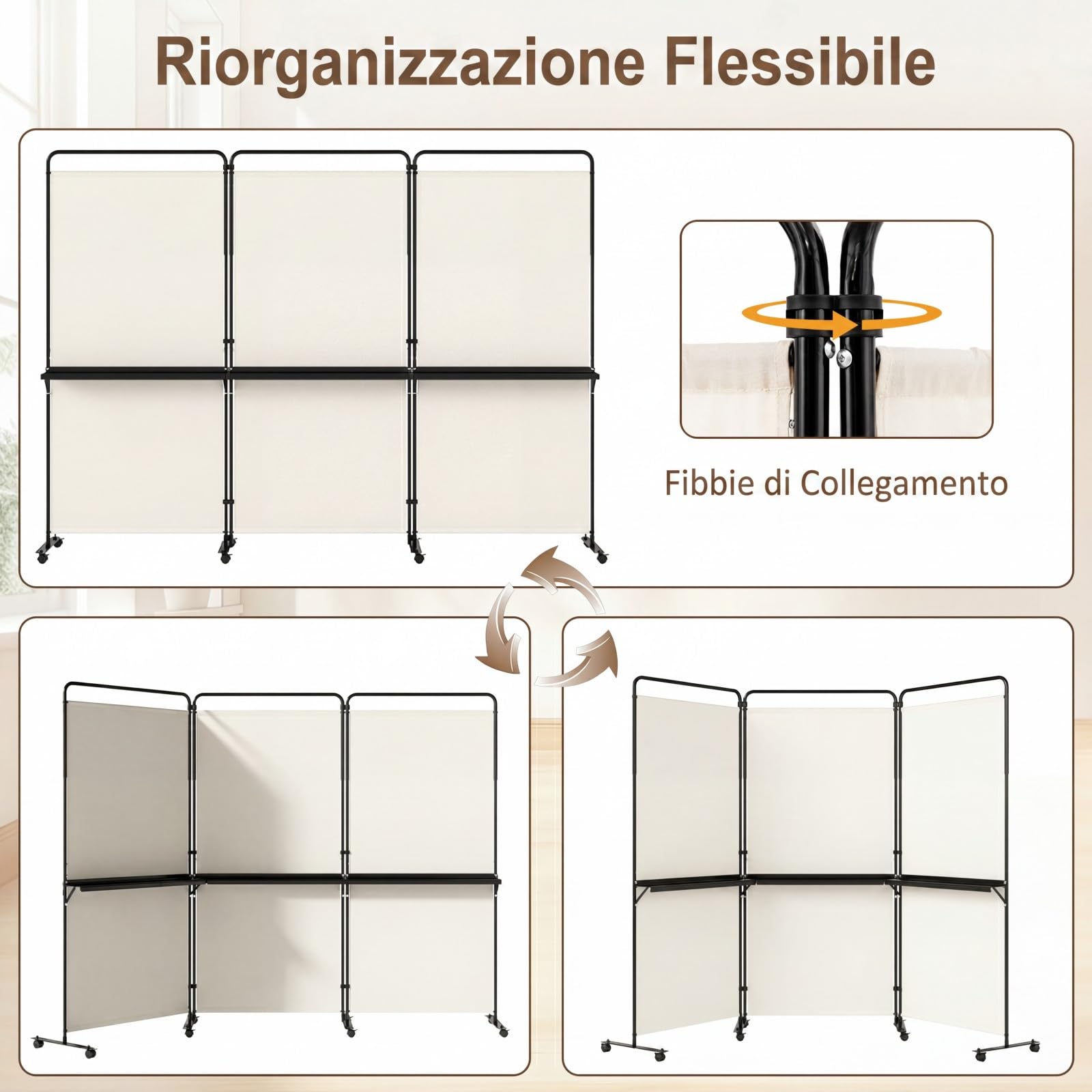 COSTWAY Paravento Interno 3 Ante con 8 Ruote Bloccabili e Ripiani (Bianco) | Separe Divisorio Pieghevole con Scaffale Portaoggetti, Tessuto Resistente e Opaco per Salotto, Camera da Letto e Ufficio