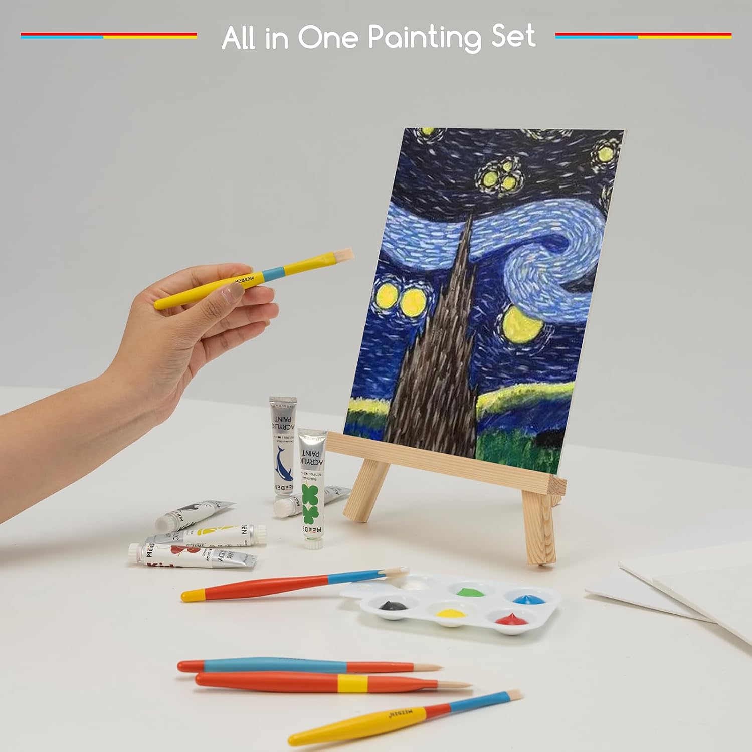 MEEDEN Acrylic Paint Brushes Set for Kids: 22 Piece Painting Kit with Wood Easel, 6 Colors 12ml Acrylic, 10 Brushes, 4 Canvas - Paint Kit for Kids, Students, Artists and Beginner