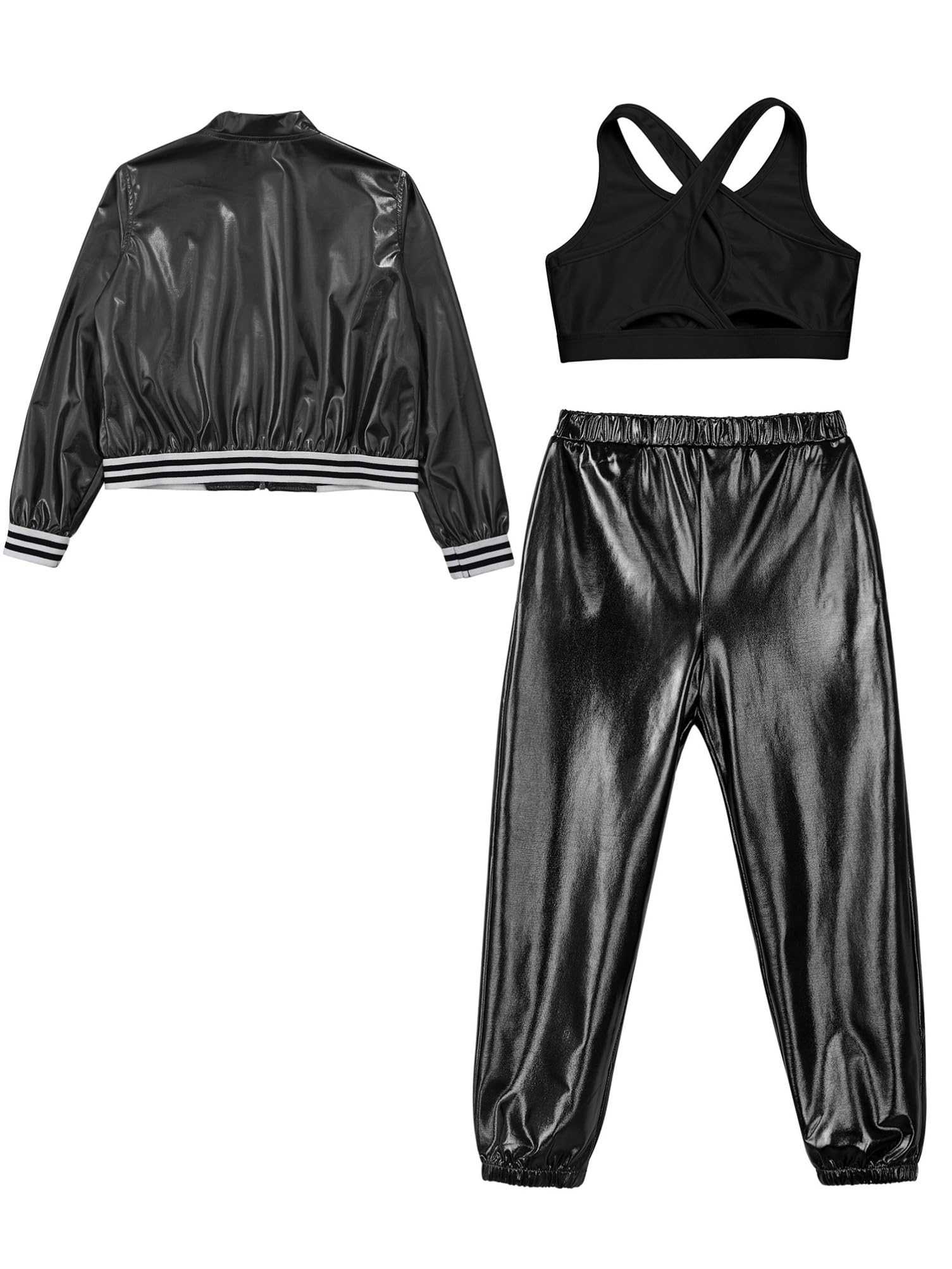 Aislor Tuta da Ginnastica Bambina Metallico Lucido Bomber Giacca da Baseball + Pantaloni Lunghi + Reggiseno a Crossback Completi da Danza Moterna Jazz Hip Hop