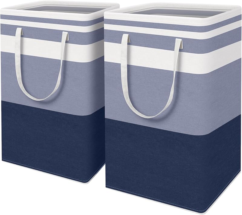 HomeHacks 2 Pack Large Laundry Baskets, Laundry Hampers Bags (Blue 88Lx2) | Waterproof, Freestanding, Collapsible Clothes Hamper with Reinforced Handles in Laundry Room, Dorm, Bathroom, Bedroom