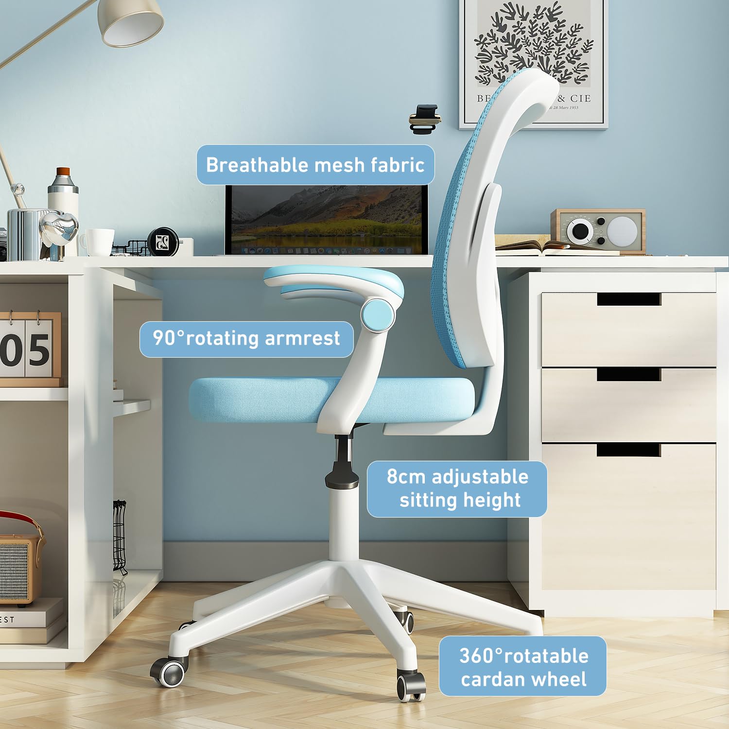 Silla de escritorio para niños y niñas con reposabrazos ajustables, silla de escritorio para niños con ruedas, silla de computadora para niños, silla de estudio de oficina para niños (azul) 3