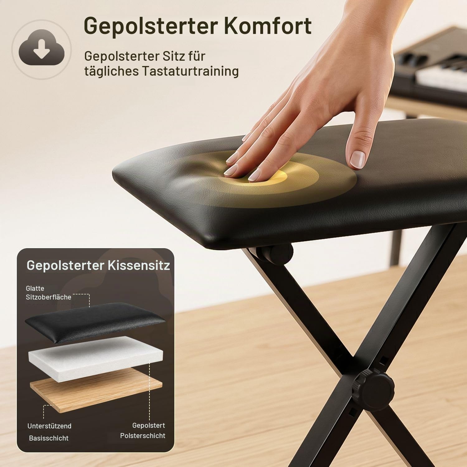 Flexzion Keyboard Hocker, Klavierhocker, klappbarer Klavierstuhl mit rutschfesten Gummifüßen, Klavierbank höhenverstellbar mit gepolstertem Sitz, Hocker und Bänke, für Kinder und Erwachsene, schwarz