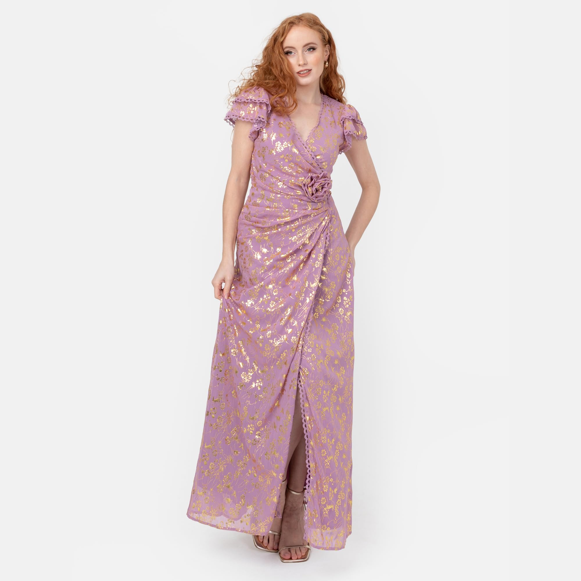 Maya Deluxe Damska sukienka maxi damska owijana dekolt w serek krótki rękaw trzepotany złoty folia żakardowy gorset w kształcie litery A Prom Ball Gown, różowa orchidea 44, Różowa orchidea, 42