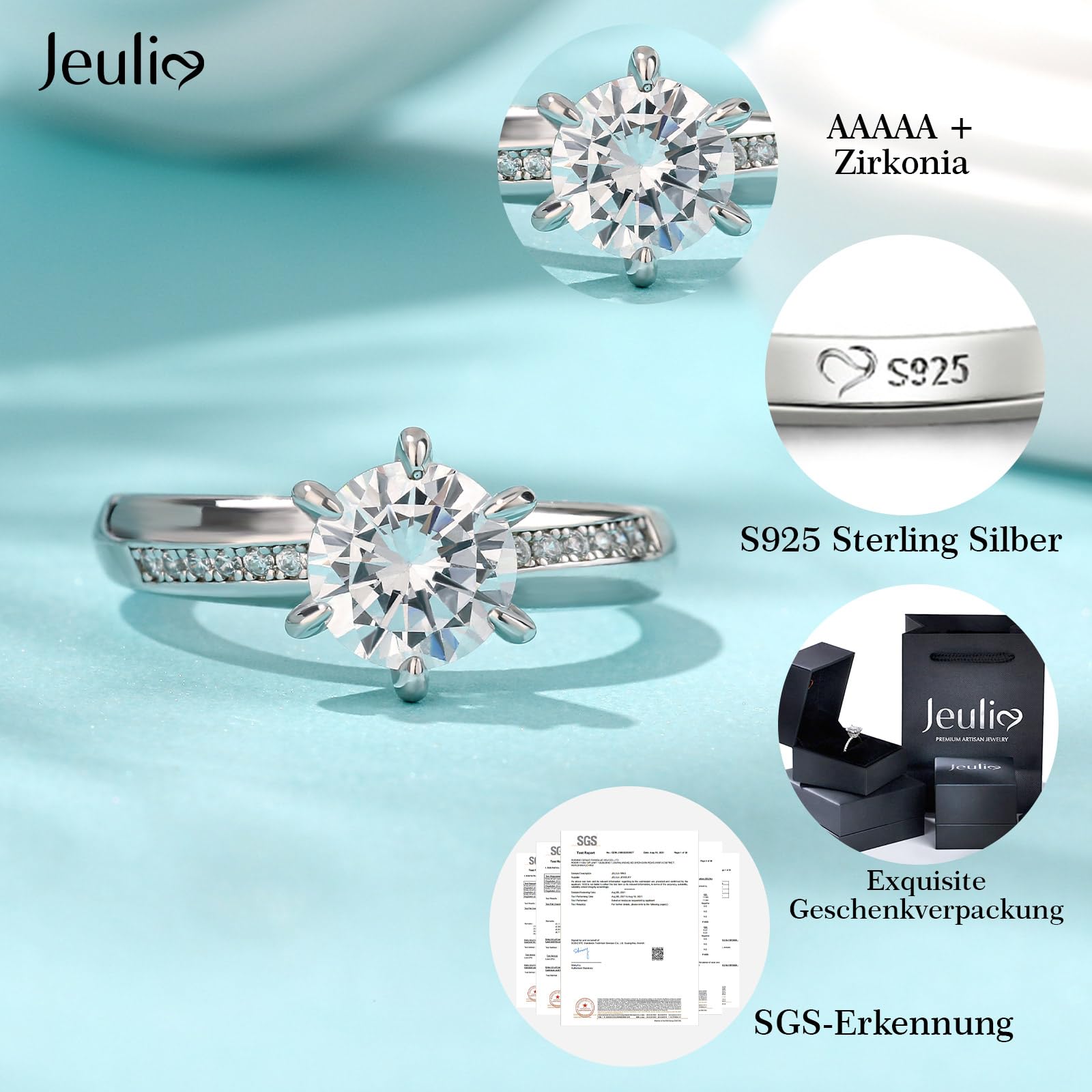 Jeulia Damen Rundschliff RIing Moissanit Zirkonia Ehering 925er Sterlingsilber Bandring Schlicht Tauring mit Schmuckschatulle Bandring für Verlobung Jahrestag Versprechen