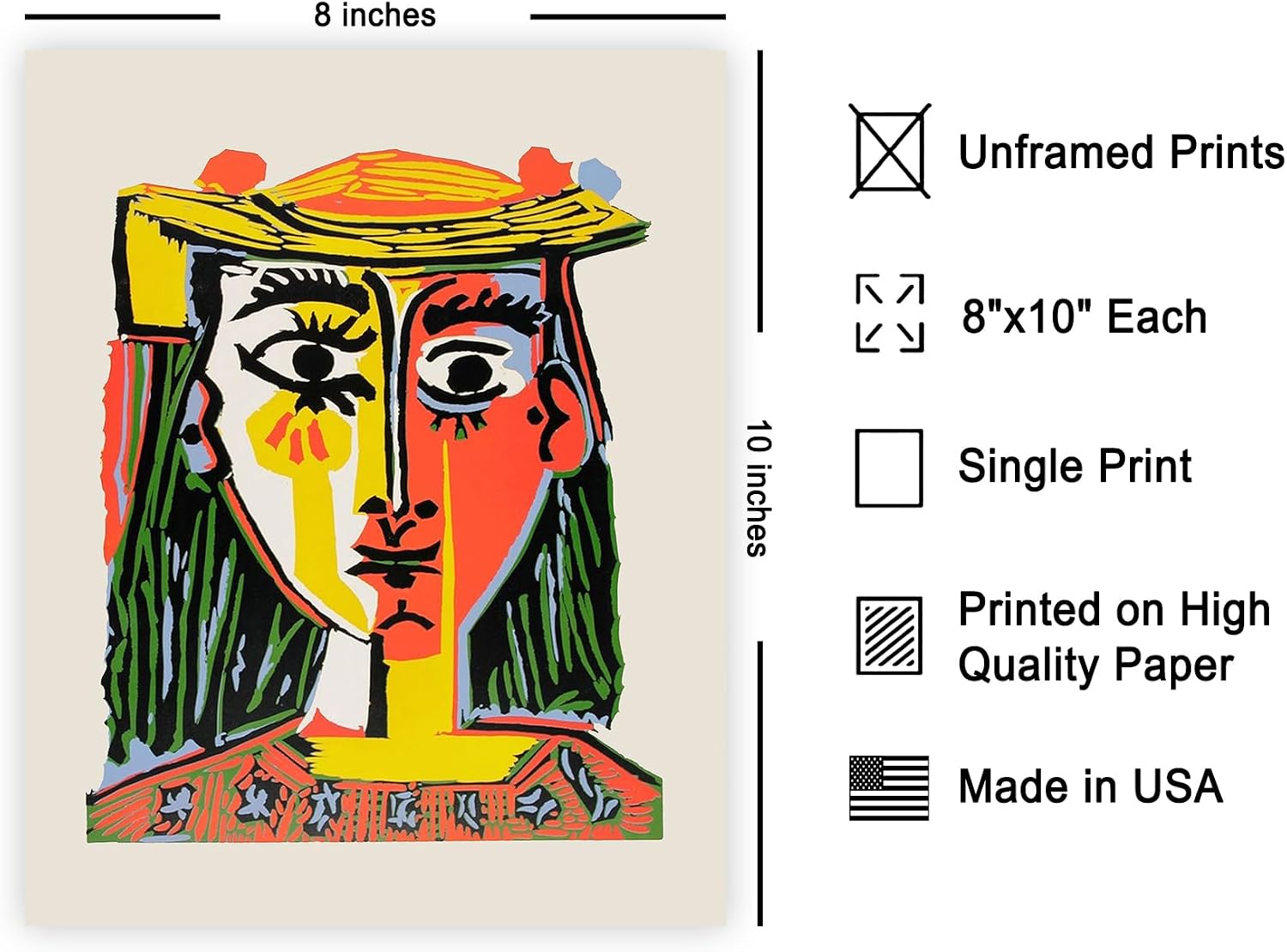 Poster Master Vintage Poster - Bust of a Woman with a Hat Painting Print - Cubism Art - Abstract Art - Gift for Men & Women - Colorful Decor for Office or Living Room - 8x10 UNFRAMED Wall Art
