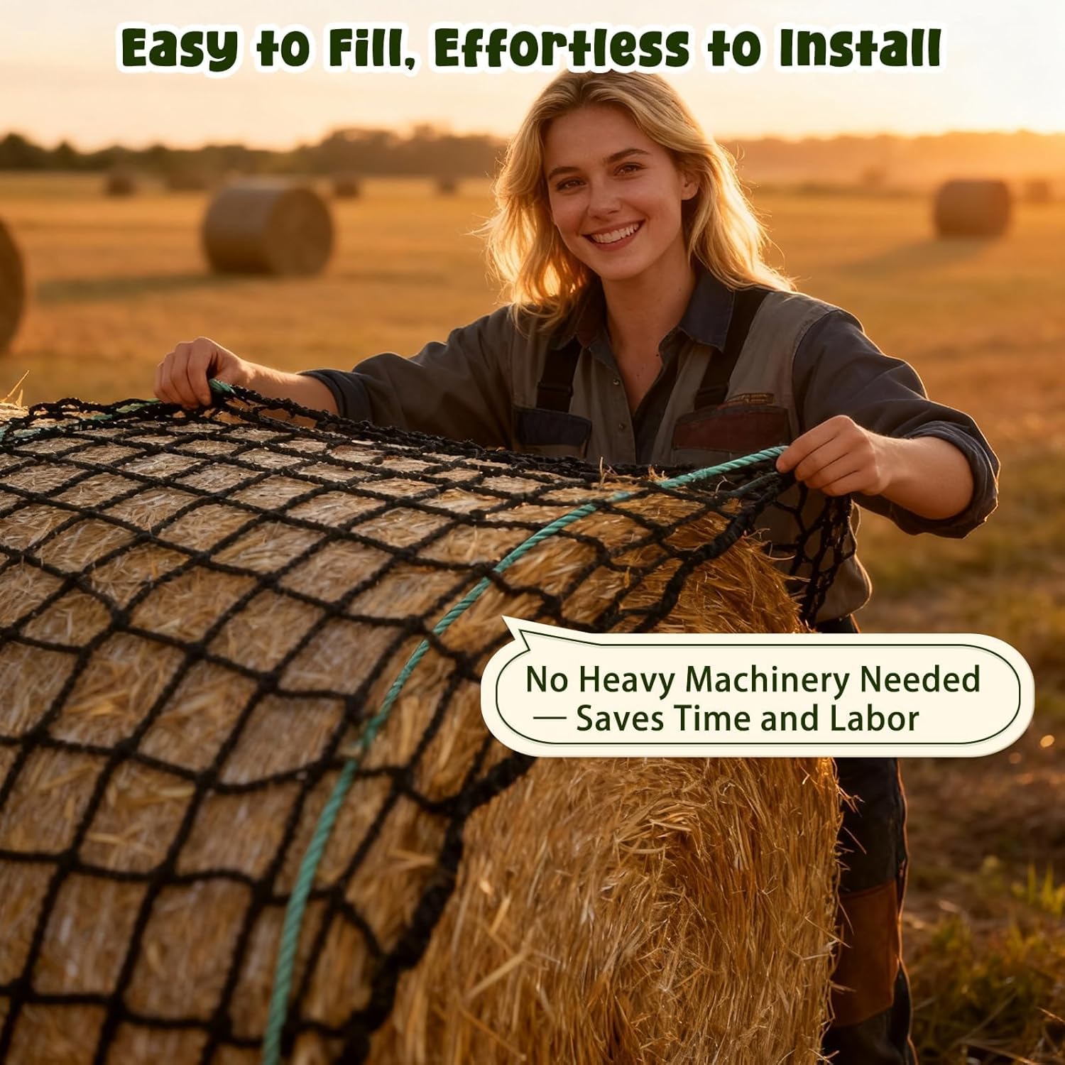 5x5ft Bolded Round Bale Hay Net for Horses, Goats & Livestock - Heavy Duty Knotless Slow Feeder Hay Net with 2-Inch Mesh, Reduces Hay Waste Round Bail Hay Feeder in Farms and Homes