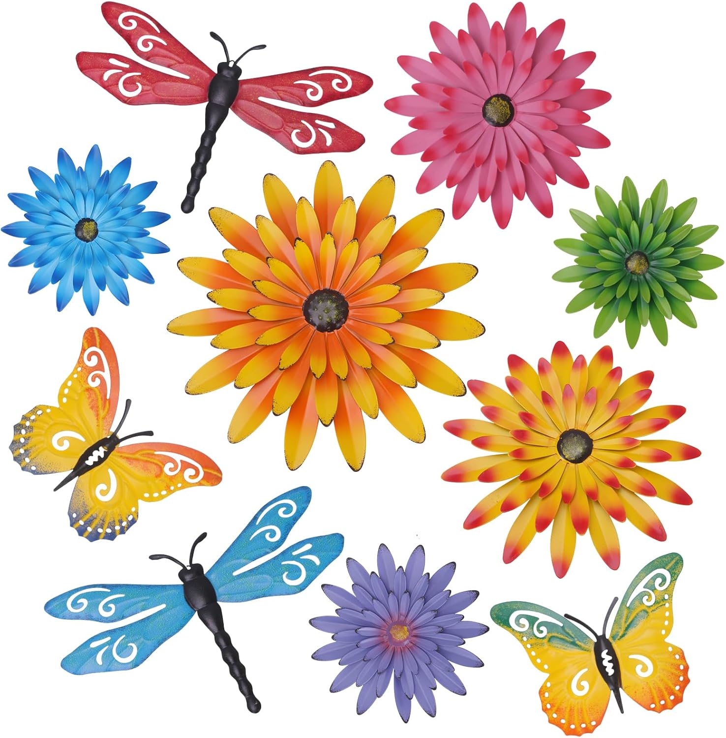 Hionfion 10 Pcs Metal Flower Wall Art Decor Kit, 3D Metal Flowers Butterfly Dragonfly Wall Art Decor Hanging Outdoor Wall Art Multicolored Handmade Flowers Outdoor Garden Patio Decor (Vivid Color)