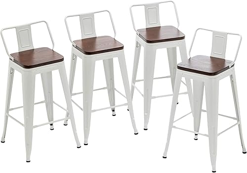 Yongqiang Taburetes de bar de metal de 26 pulgadas con respaldo, juego de 4 taburetes de altura de encimera de cocina con asiento de madera, color