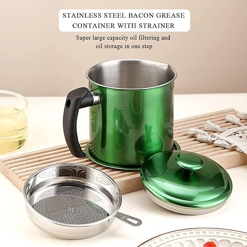 Miniatura 3 de Kyraton Contenedor de grasa de tocino con colador, recipiente de aceite de revestimiento verde brillante de metal de 48 onzas, almacenamiento de