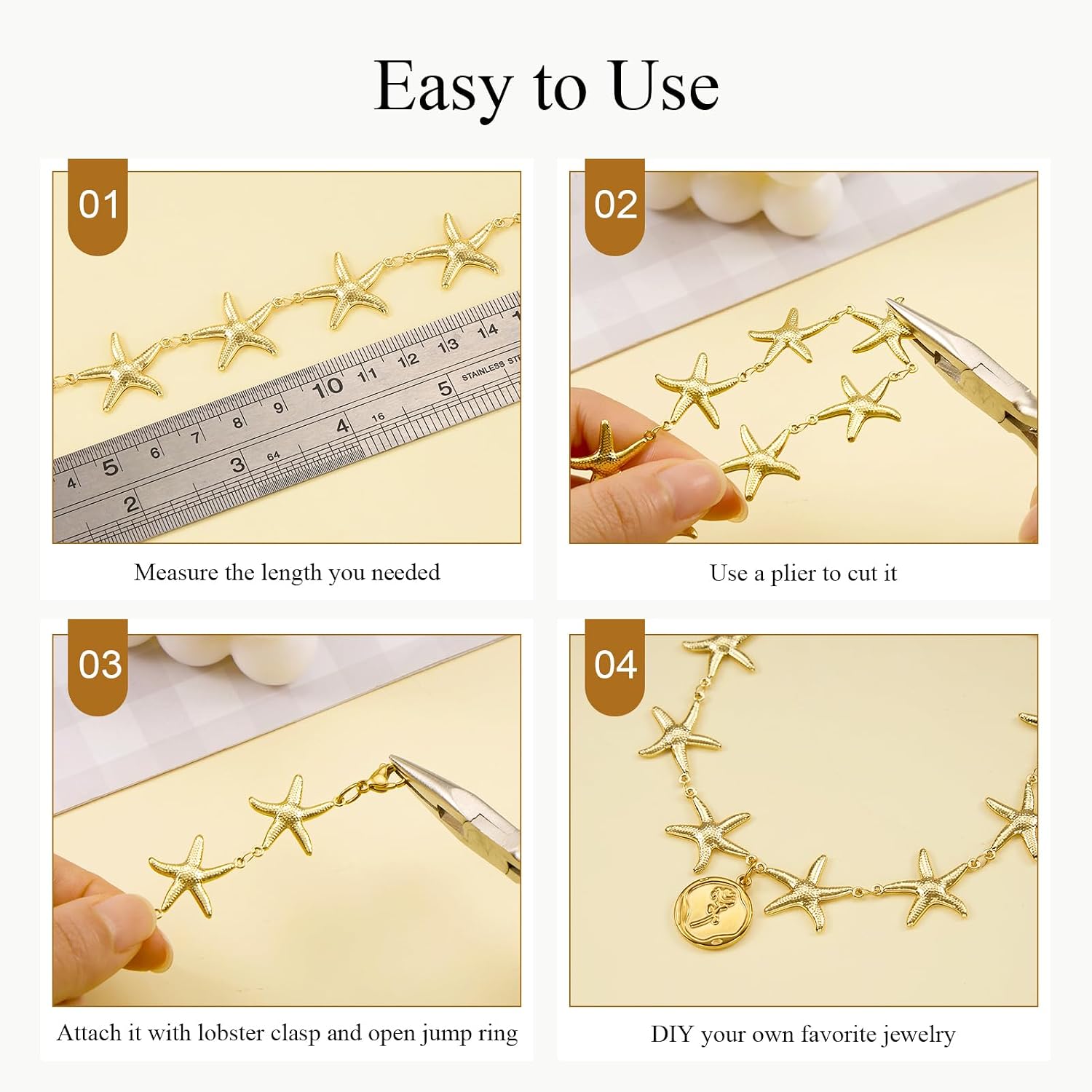 Jabogrii 6.5 Feet Gold Chain for Jewelry Making Starfish Stainless Steel Chain Bulk DIY Craft Jewelry Findings Roll