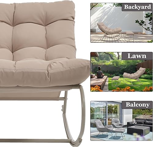 Miniatura 6 de Juego de 2 mecedoras para exteriores, extra ancha con cojín, mecedoras de patio con otomana, mecedoras Papasan para patio, porche, jardín, césped