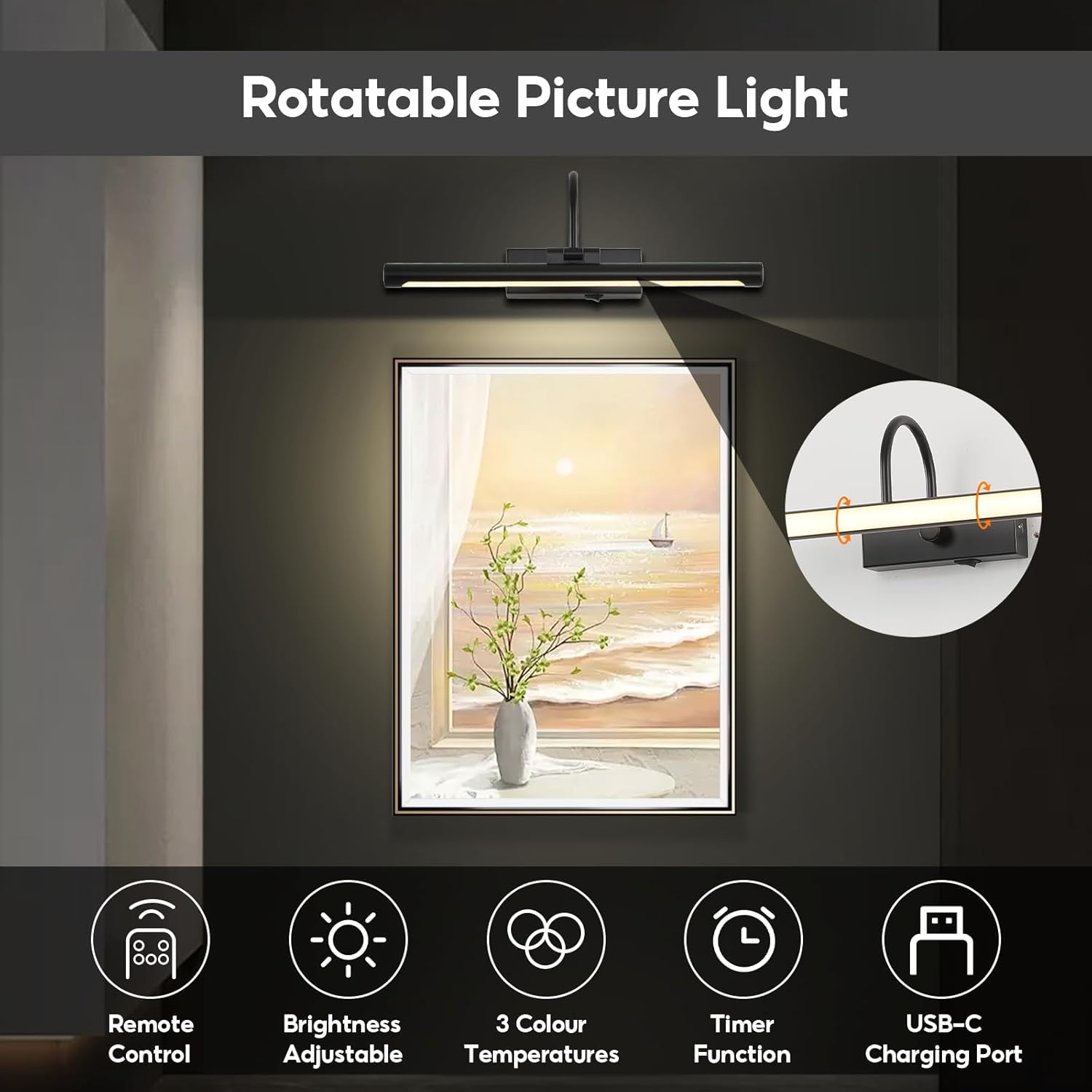 12"Rechargeable Picture Light for Wall Black Cordless Art Lights Battery Operated Dimmable Wall Light with Remote & Timer 3 Color Modes for Paintings Wall Light for Gallery Artwork Warm White