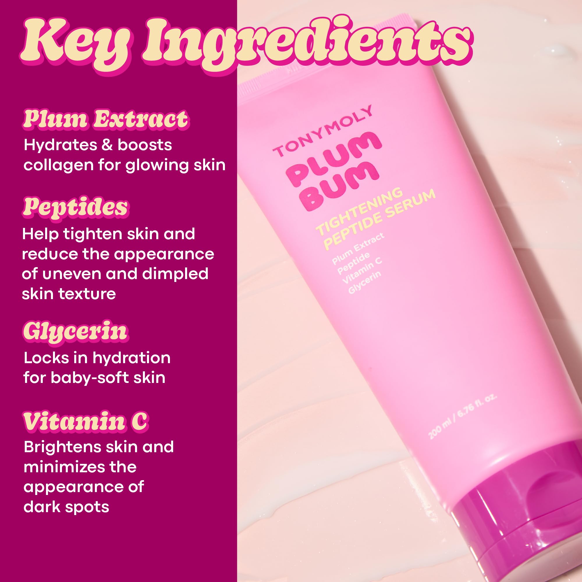 TONYMOLY Plum Bum Tightening Peptide Serum – Firming & Hydrating Body Serum with Plum Extract, Vitamin C & Glycerin, 6.76 fl oz