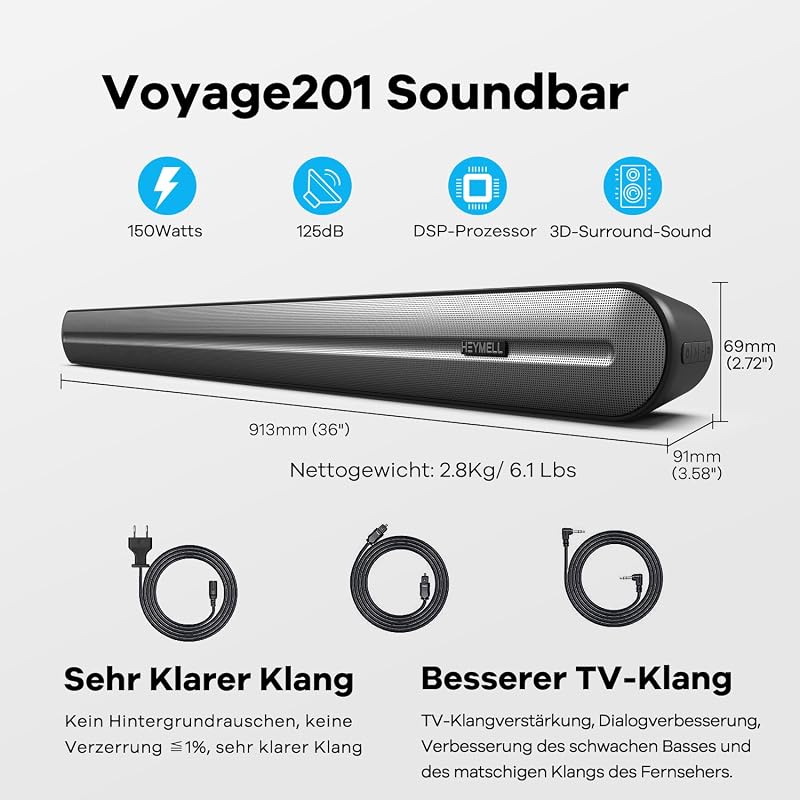 Heymell 150W Soundbar Beépített Mélynyomóval - Zajmentes Tiszta Hangzás, DSP, 3D, Bluetooth 5.0, HDMI ARC, Optikai Csatlakozás, 8 Hangmód TV