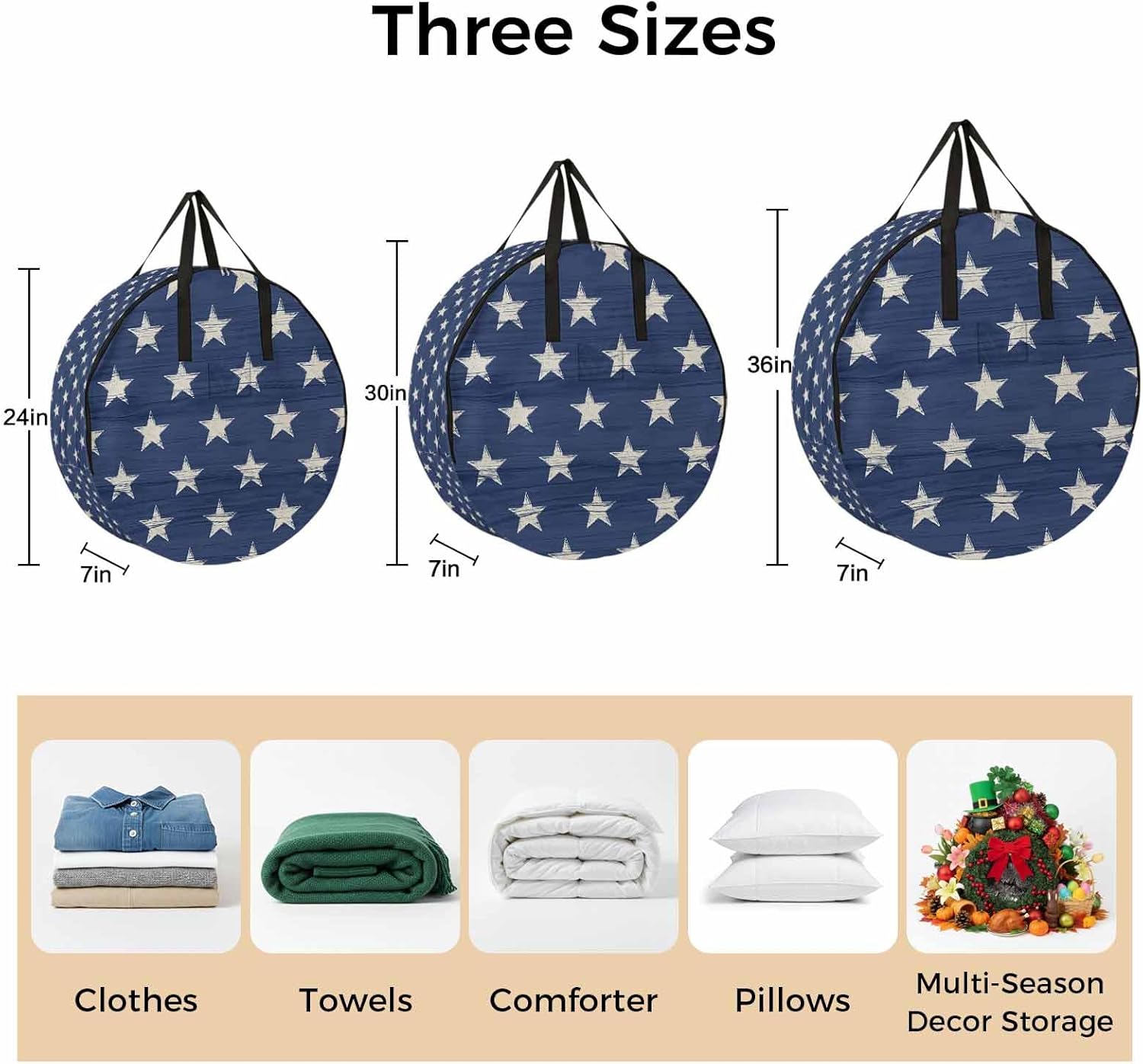 Independence Day Round Storage Bag 36 Inch, Retro Stars 4th of July Blue Background Clothes Storage Container with Handles Heavy Duty Organizer for Comforter, Bedding & Holiday Wreaths