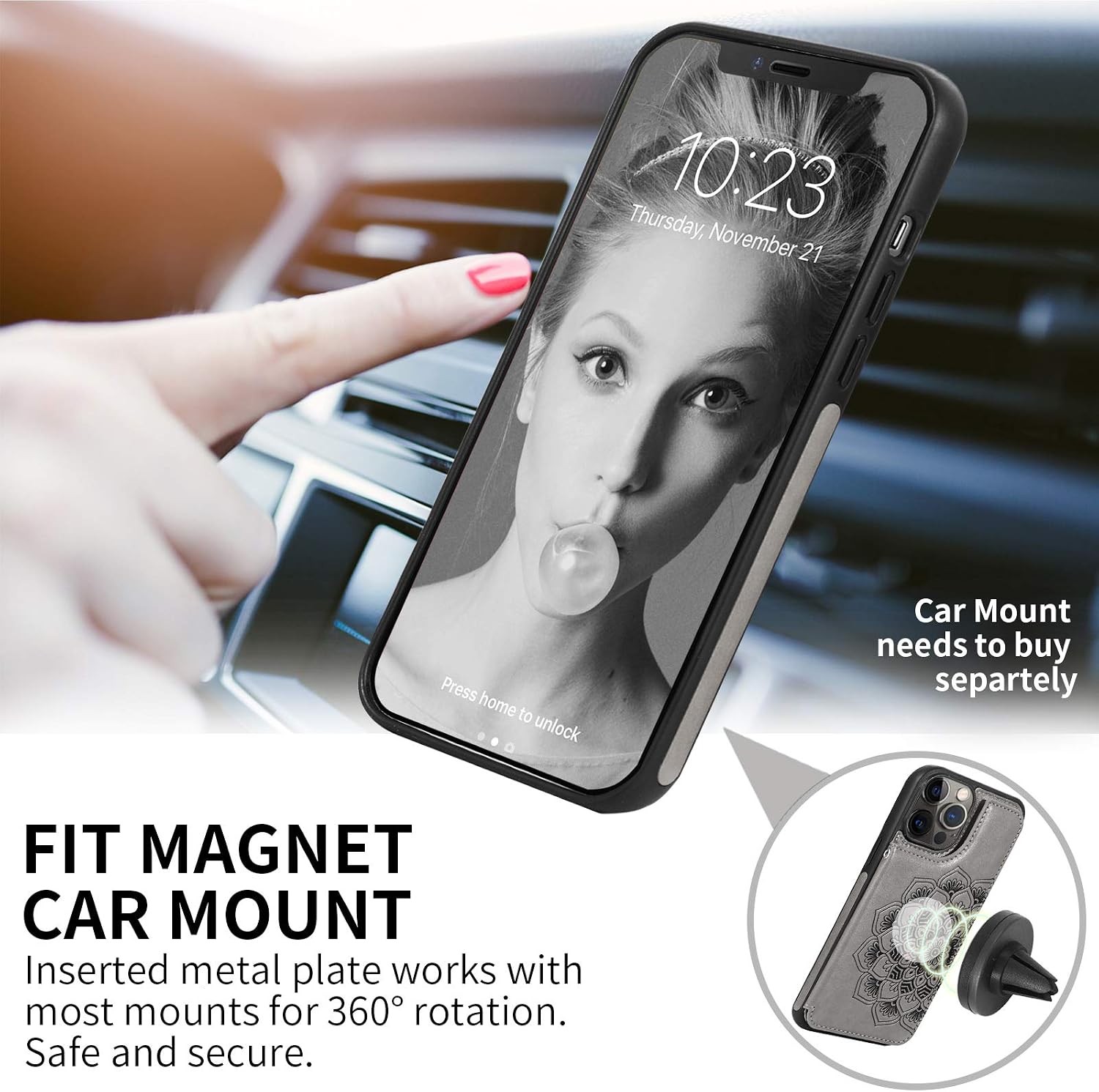 CASEOWL Case Wallet Compatible for iPhone 12 Pro Max with Card Holder,RFID Blocking,Kickstand,Wrist Strap,Fit Magnetic Car Mount,Mandala Embossed Leather Case Compatible for iPhone 12 Pro Max,Gray