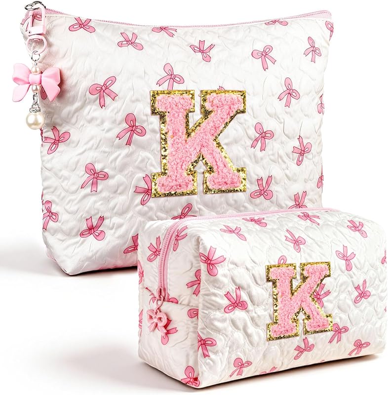 Necessaire de maquiagem Giftota com estampa de letra K, zíper e laço, pacote com 2